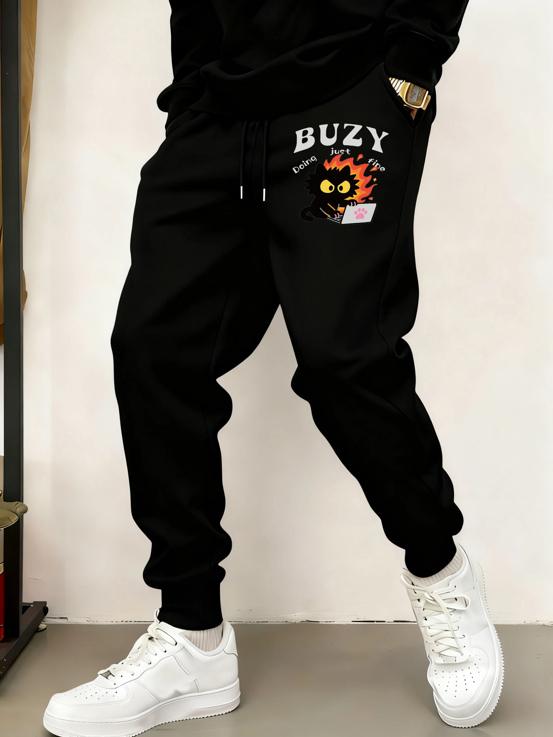 

Креативные длинные брюки с черным котом, мужские джоггеры, флисовые брюки, спортивные теплые спортивные штаны, 10 цветов, брюки на шнурке
