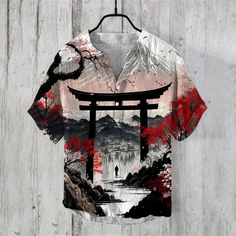 2024 New men's Henry shirt with Japanese samurai print summer short sleeved casual fashion breathable men's clothing top shirt