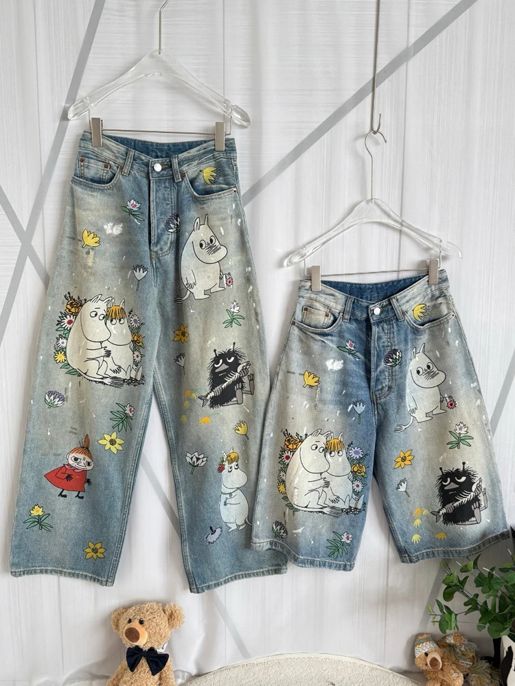 

Женские джинсы с высокой талией и широкими штанинами в американском стиле, повседневный мультяшный дизайн, универсальное лето 2025, Новое поступление, модные женские джинсы