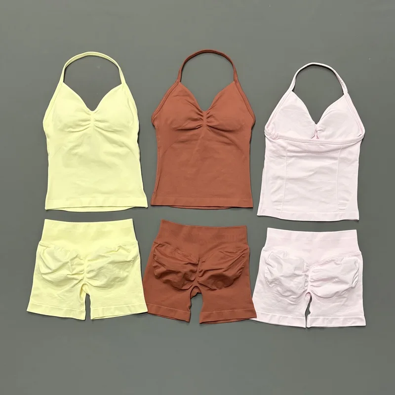 2Pcs HISTELLO Yoga Set Women Halter Tank Top Scrunch Butt Lifting Shorts Ruched Anti Chafe Quick Dry Gym Workout Sports Set