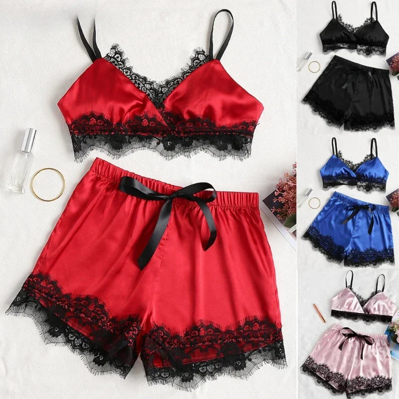 Women Pajama Sexy Lingerie Sexy Lace Split Sleepwear Set 2-piece Set of Camisole Underwear Lace Shorts Hot Women's Night Shirts