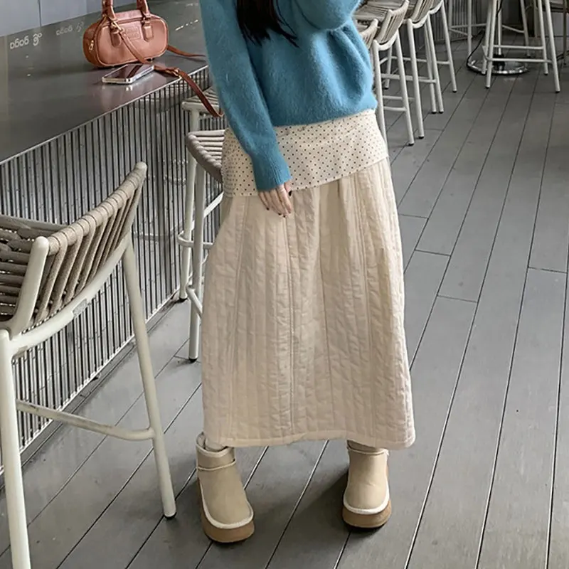 Women Quilted Vintage Midi Skirts High Waist Elastic A Line Long Skirts Autumn Winter Warm Japan Style Flowy Basic Maxi Skirts