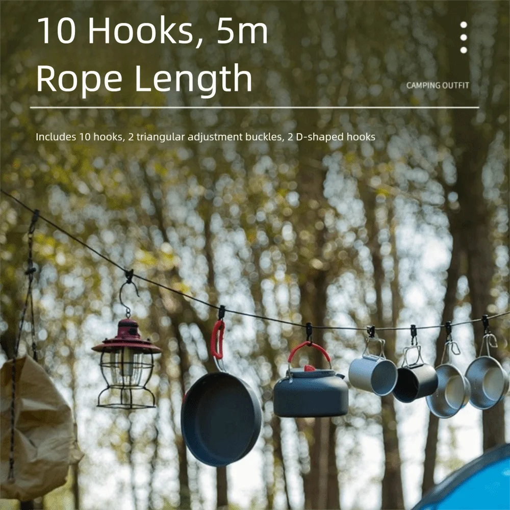 Multifunctional Outdoor Clothesline Adjustable Non-slip Portable Storage Lanyard Retractable with 10 Hooks Camping Hanging Rope