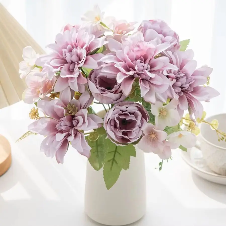 1/2 قطعة زهرة اصطناعية الحرير الداليا الفاوانيا عالية الجودة عطلة الزفاف باقة الزفاف طاولة غرفة المنزل لتقوم بها بنفسك هدية صندوق قص ديكور #5