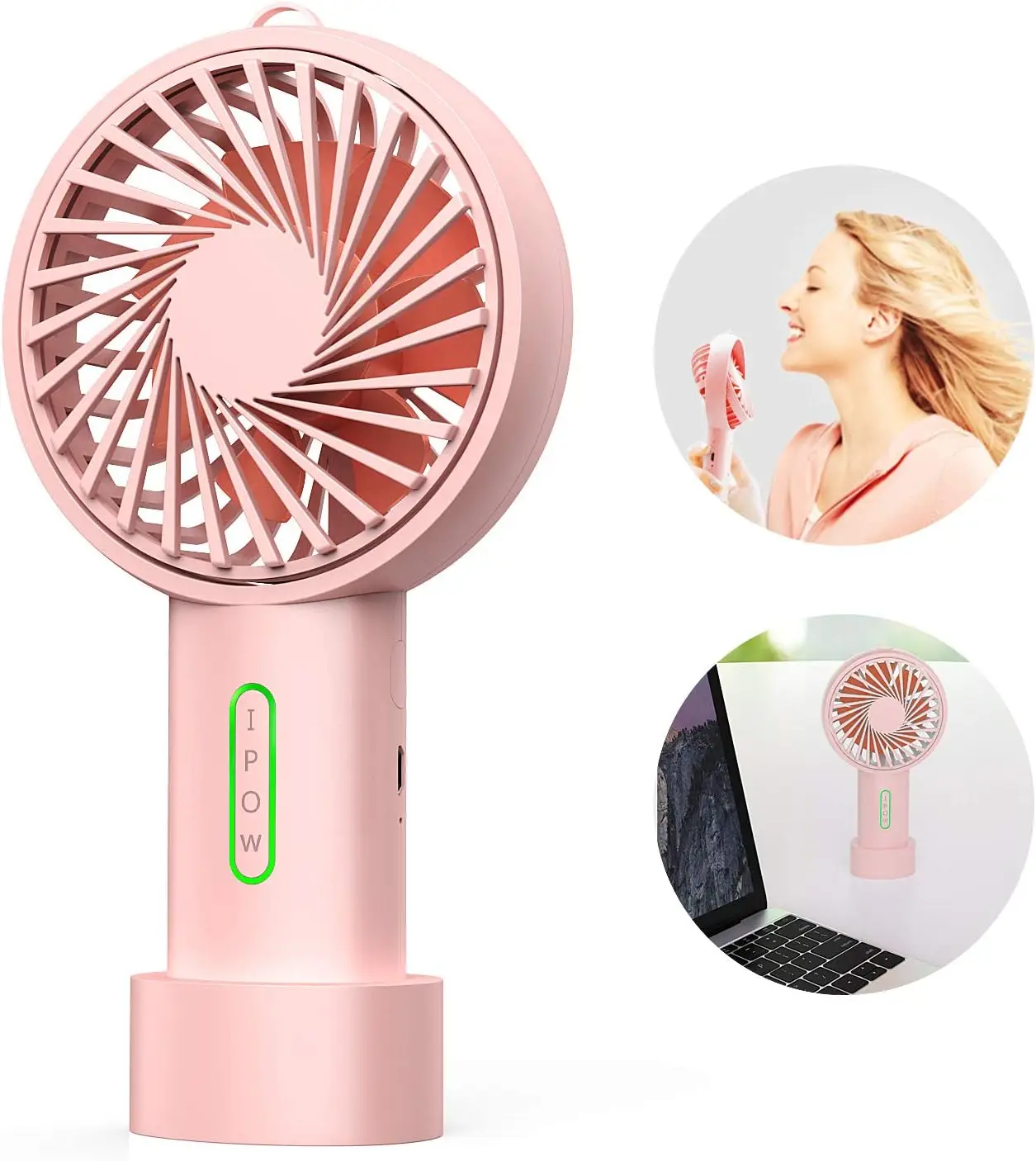 

Mini Handheld Fan Portable USB Rechargeable 3 Speeds Adjustable Angle Removable Base Lanyard for Home Camping Travel Peach Pink