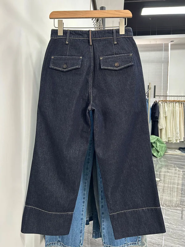 Jenny&Dave Spring Woman Clothes French Elegant Navy Blue Denim Pants Non-fading High Waisted Straight Cropped Jeans For Women - view 2