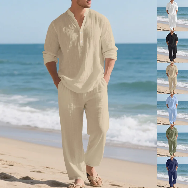 

Men's Linen Stand Collar Half Placket Shirt Loose Long Pants Breathable Beach Two Piece Set