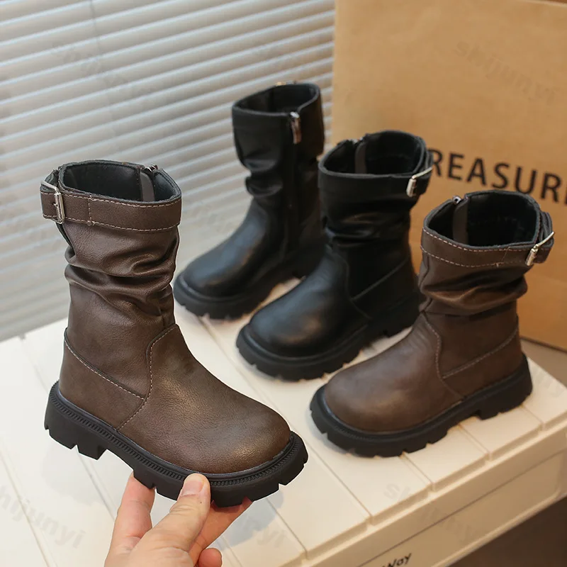 

Children Boots New 2025 Autumn British Girls Princess Boots Kid Zipper Comfortable Non Slip Fashion Buckle PU Leather Short Boot