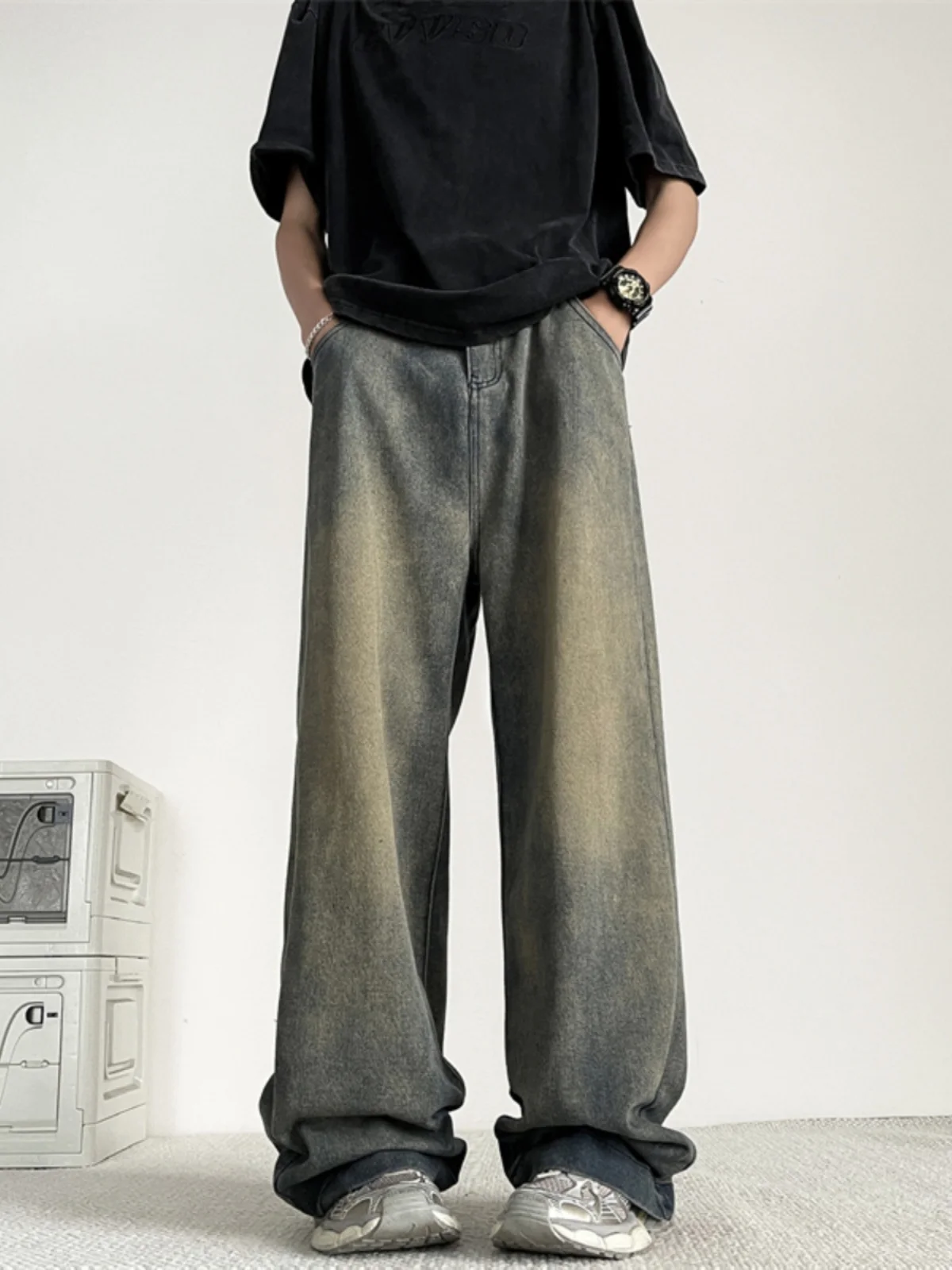 Hip Hop Sle Distred Loose Fit Men's Jeans High Street American Summer Long Leggings Casual Straight Tube Trousers