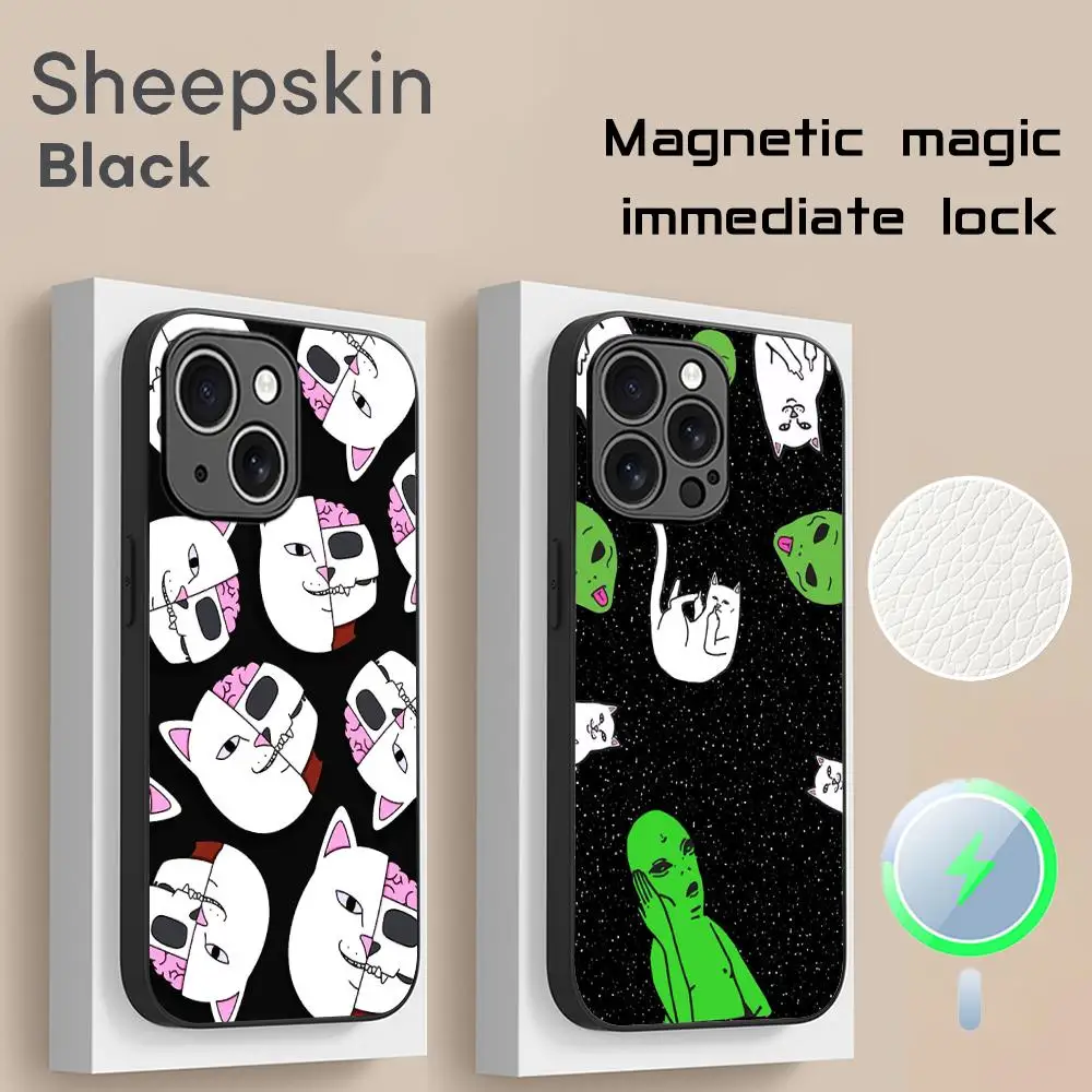 Funda de teléfono ins con diseño de gato y dedo medio de hip hop a la moda para iPhone 16, 15, 14, 13, 12, 11 Plus Pro Max, piel de oveja Magsafe de lujo de alta gama