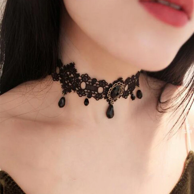 Gothic Black Choker Necklace Womens Crystal Tassel Sexy Lace Choker Soft Collar Chain Necklace Halloween Jewelry