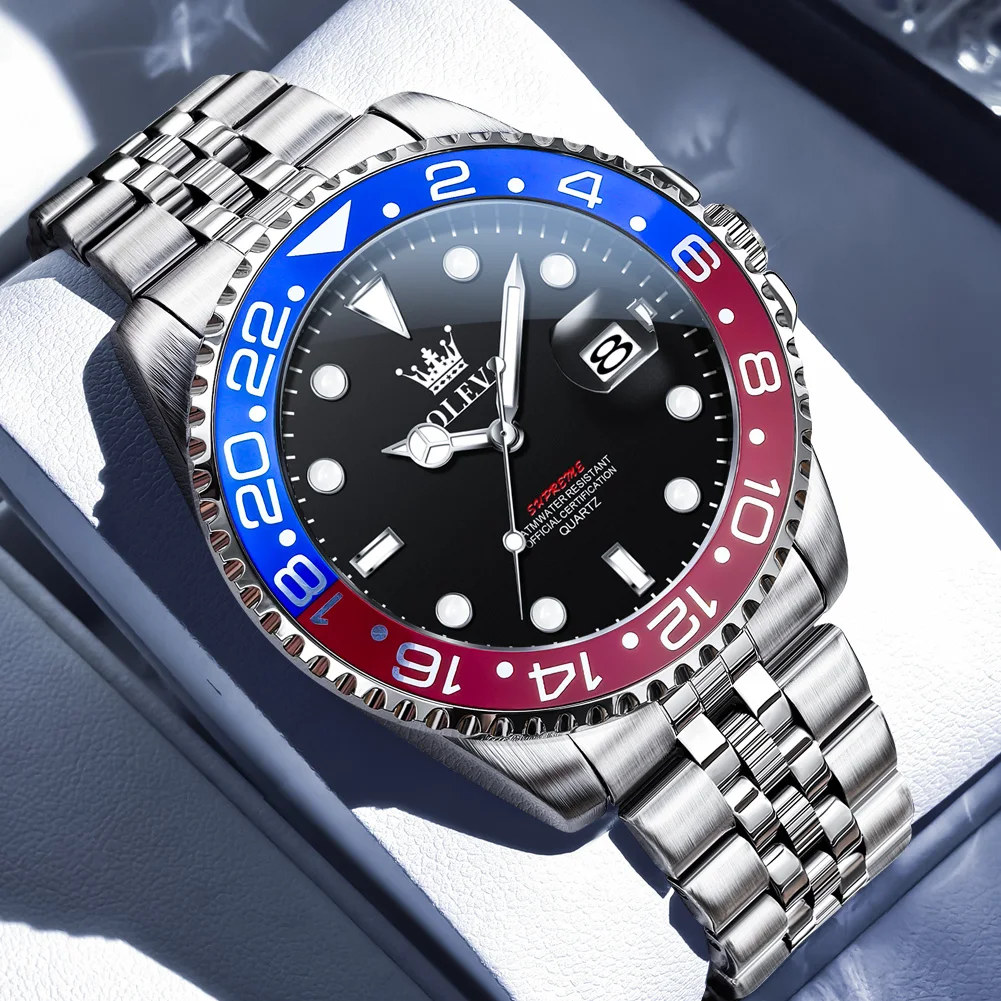 

OLEVS мужские часы с 3-цветным циферблатом, водонепроницаемые светящиеся деловые кварцевые часы из нержавеющей стали с двойным календарем для мужчин