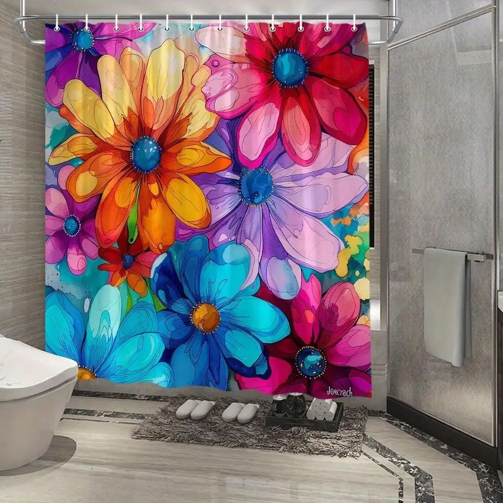 

1pc Large Flower Print Shower Curtain, Fashionable Home Style, Combination Of Popularity And Art, Essential For Bathroom Decoration, Polyester Material Makes Your Bathroom Space More Vivid, 12 Hooks,