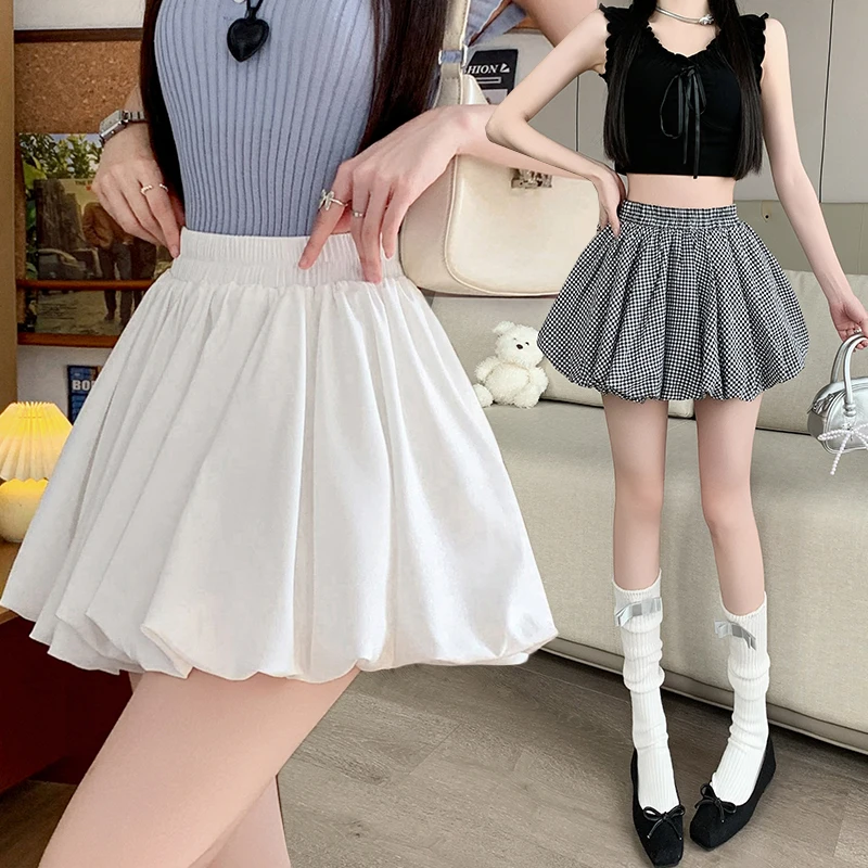 

Temperament Fluffy Short Skirt Women Checkered Flower Bud Skirt High Waist Versatile Anti Glare A-line Mini Skirts Culotte