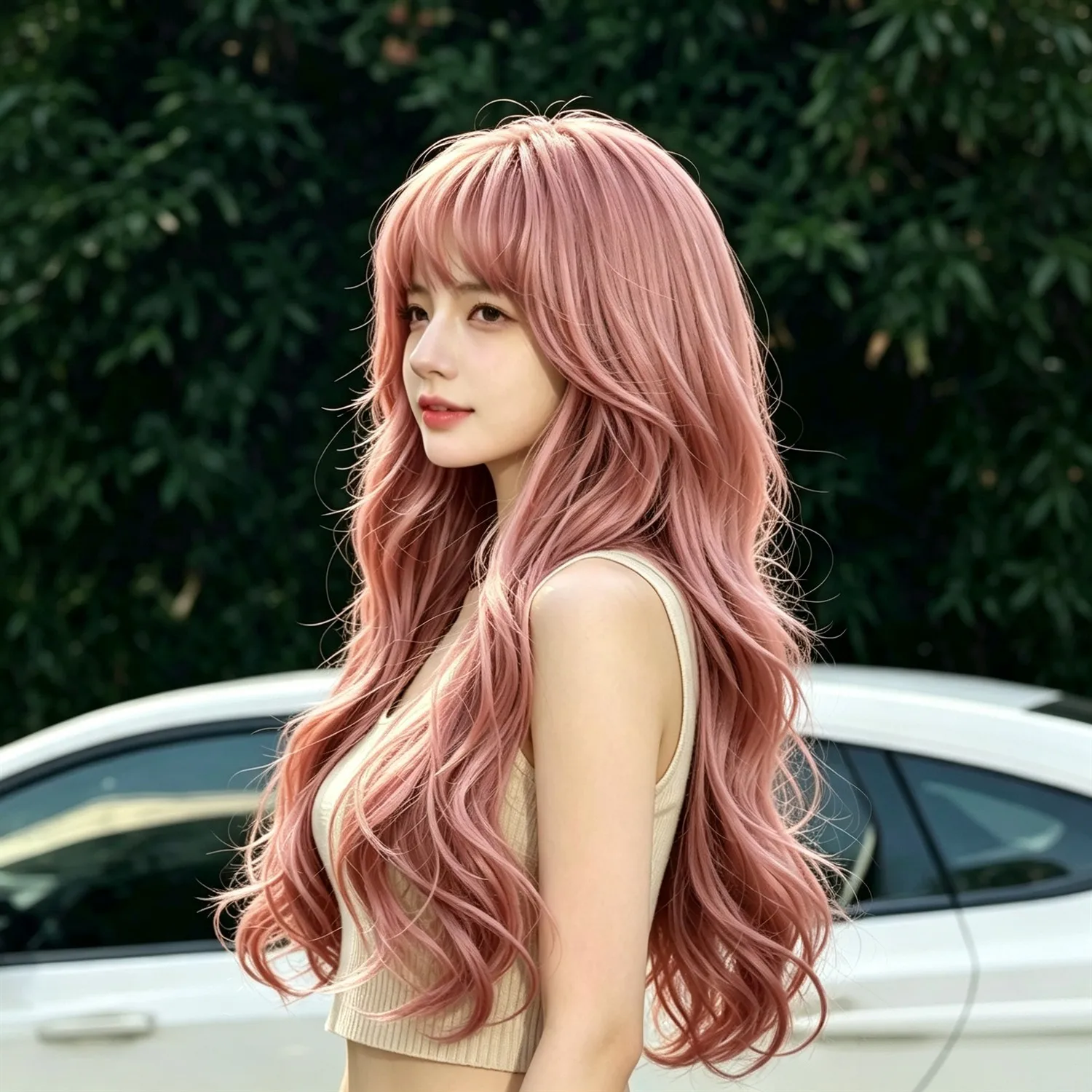 Pink Body Wave Wig 24 Inch Pastel Pink Ombre Heat Resistant Synthetic Fiber Wig For Women Cosplay Party
