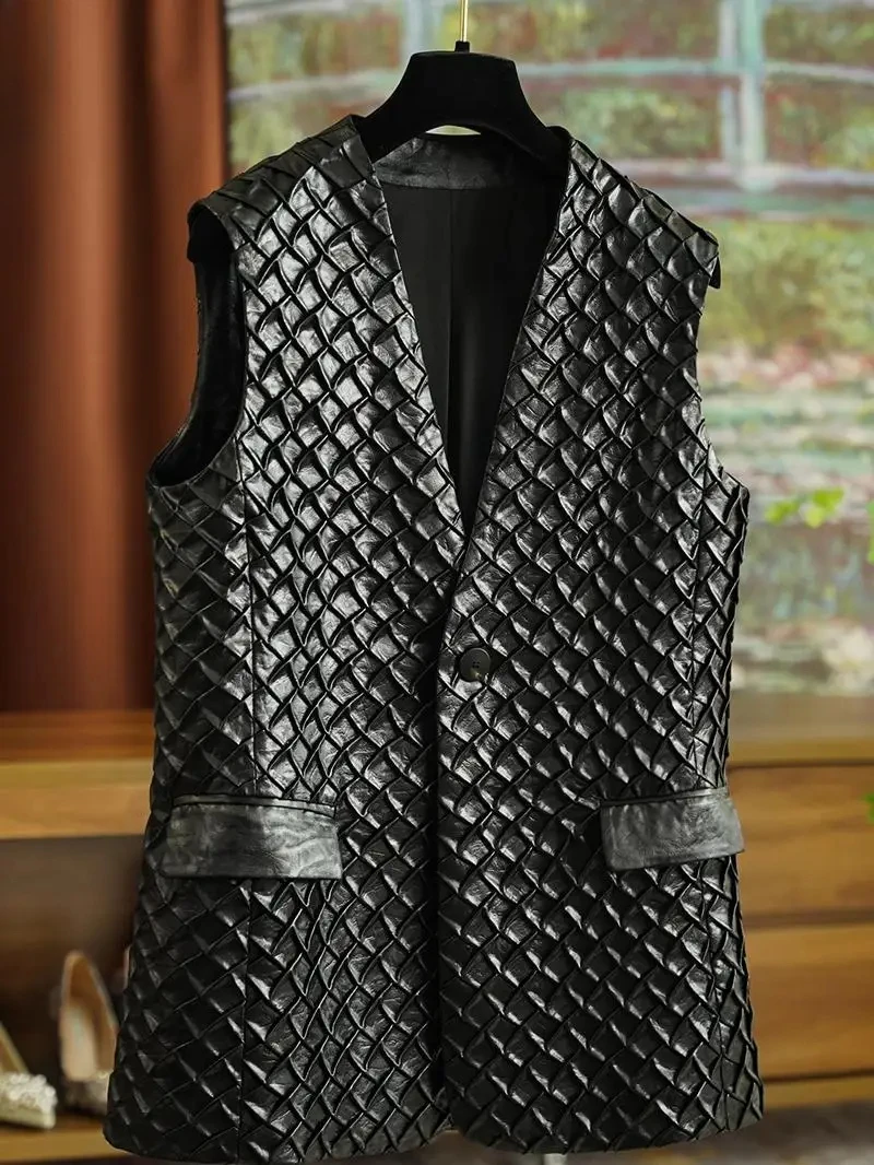 

ALSEY Pleated Leather Vest 2024 Fall New Single Breasted Sleeveless Design Fashion Black Women Jacket