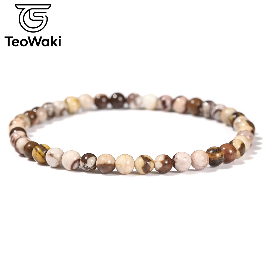 TeoWaki 4/6/8/10mm Natural Australian Zebra Jasper Elastic Bracelet for Women Men Stress Reduction Maintain Mental Balance 19cm