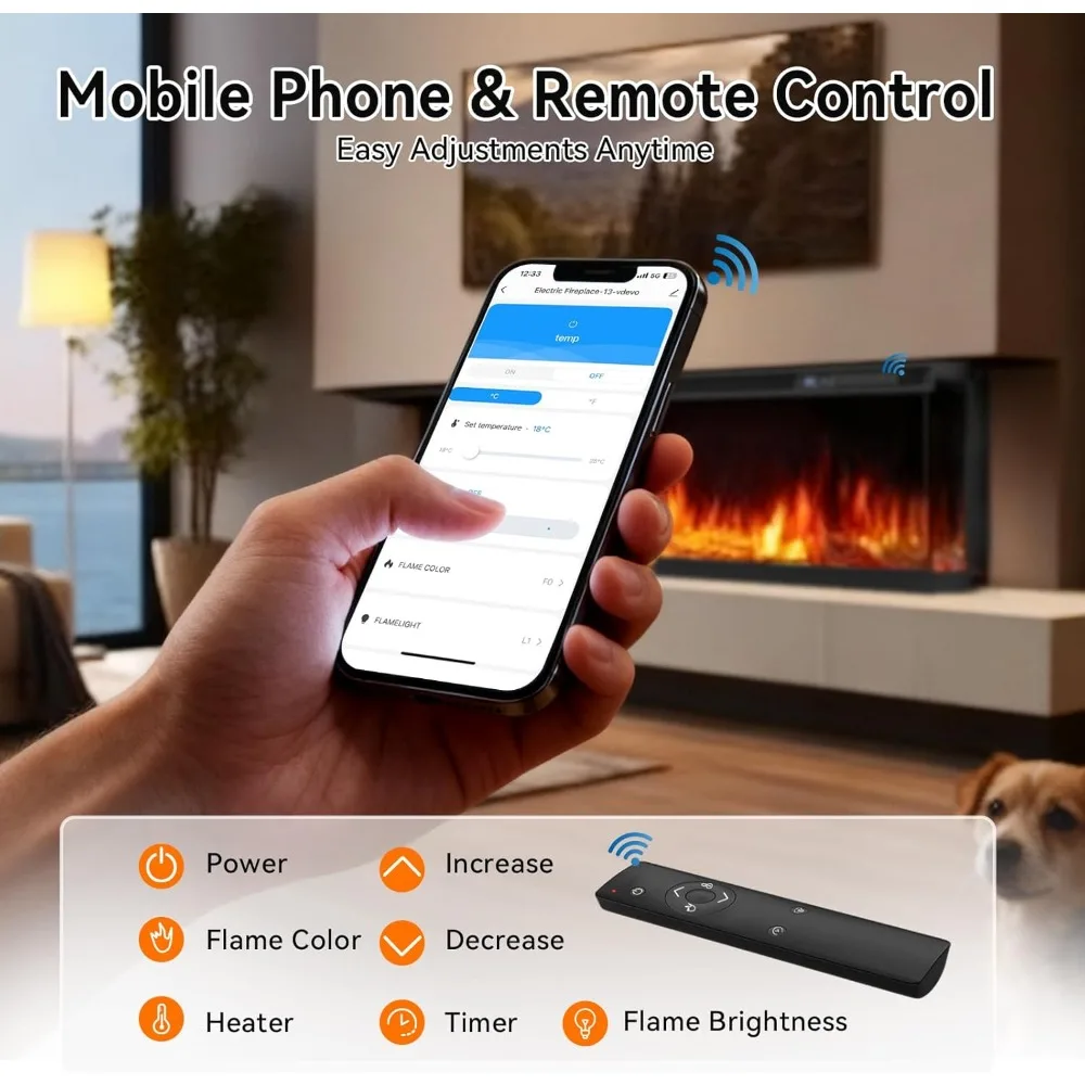 مدفأة كهربائية مثبتة على الحائط مقاس 50 بوصة، تصميم مدمج مع واي فاي/جهاز تحكم عن بعد، سخان 1500 وات، 12 لونًا لهبًا