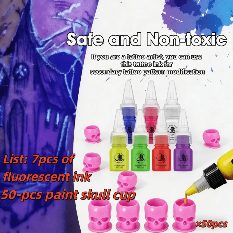 SUANGL 7 Colors 10ml Fluorescent Tattoo Ink Comes with 50Ink Cups Professional Body Paint Tattoo Kit Body Tattoo Supplies