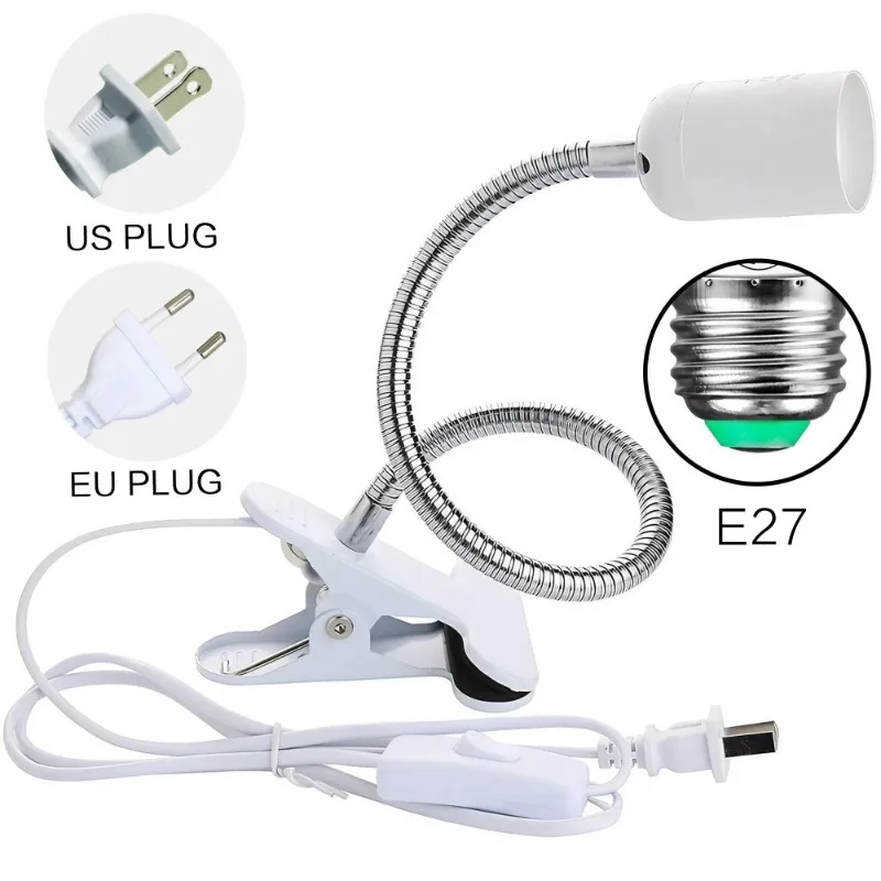 EU US Plug 360 Degree Flexible Desk Lamp Holder E27 Light Base Socket Gooseneck Clip-on Cable with Power on Switch for Home