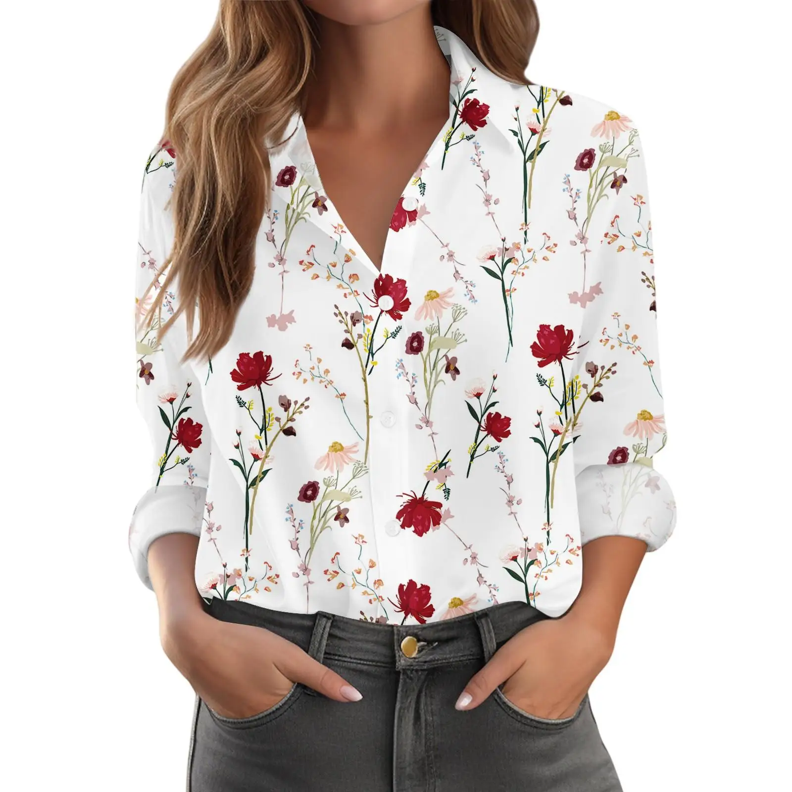 Koszule damskie w kwiatowe wzory z długim rękawem, z kołnierzykiem, codzienne, eleganckie bluzki na wiosnę i jesień, styl do pracy, koszula damska