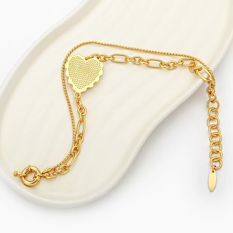 VAROLE Unique Design Ruffled Heart Double Strand Bracelet Fashionable Statement Gold Plated NK Chain Two Layer Bracelet Jewelry
