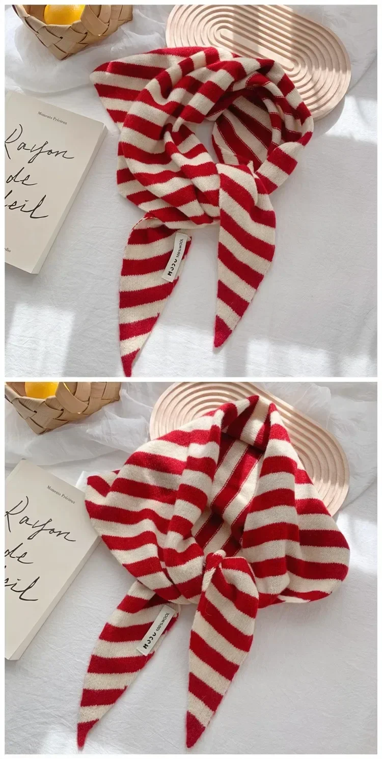 Koreanischer Streifen-Dreiecksschal aus 100 % Wolle, dreieckiger Schal für Männer und Frauen, britisches Nischen-Kopftuch, gestrickt, multifunktionaler warmer Schal – Detail 7