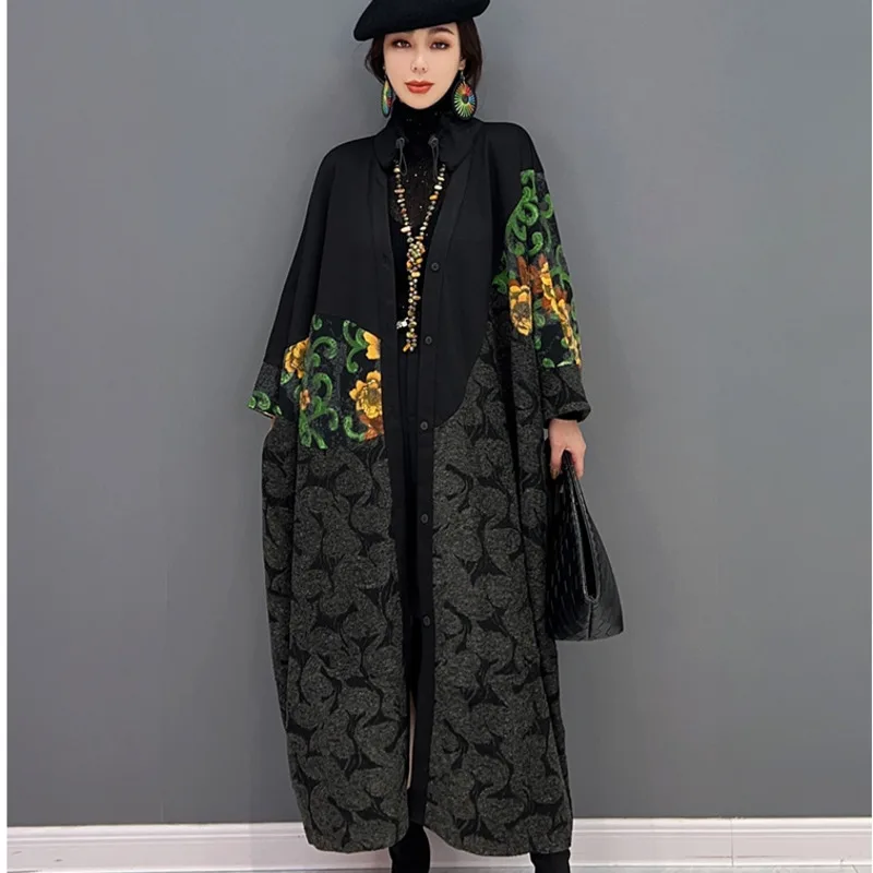 Vefadisa 2024 Autumn Winter Stand Collar Cardigan Trench Coat Loose Printing Temperament Leisure Black Women Coat  LHX3220