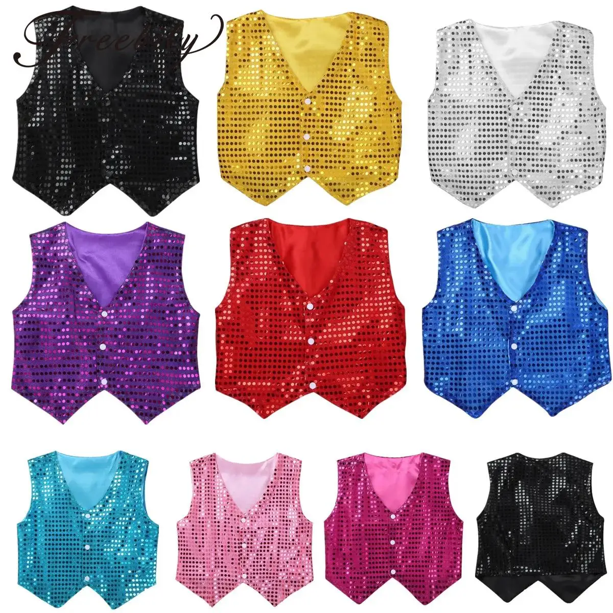 

Boys Girls Shiny Sequin Vest Hip Hop Jazz Street Dance School Choir Waistcoat Christmas Halloween Carnival Theme Party Costume