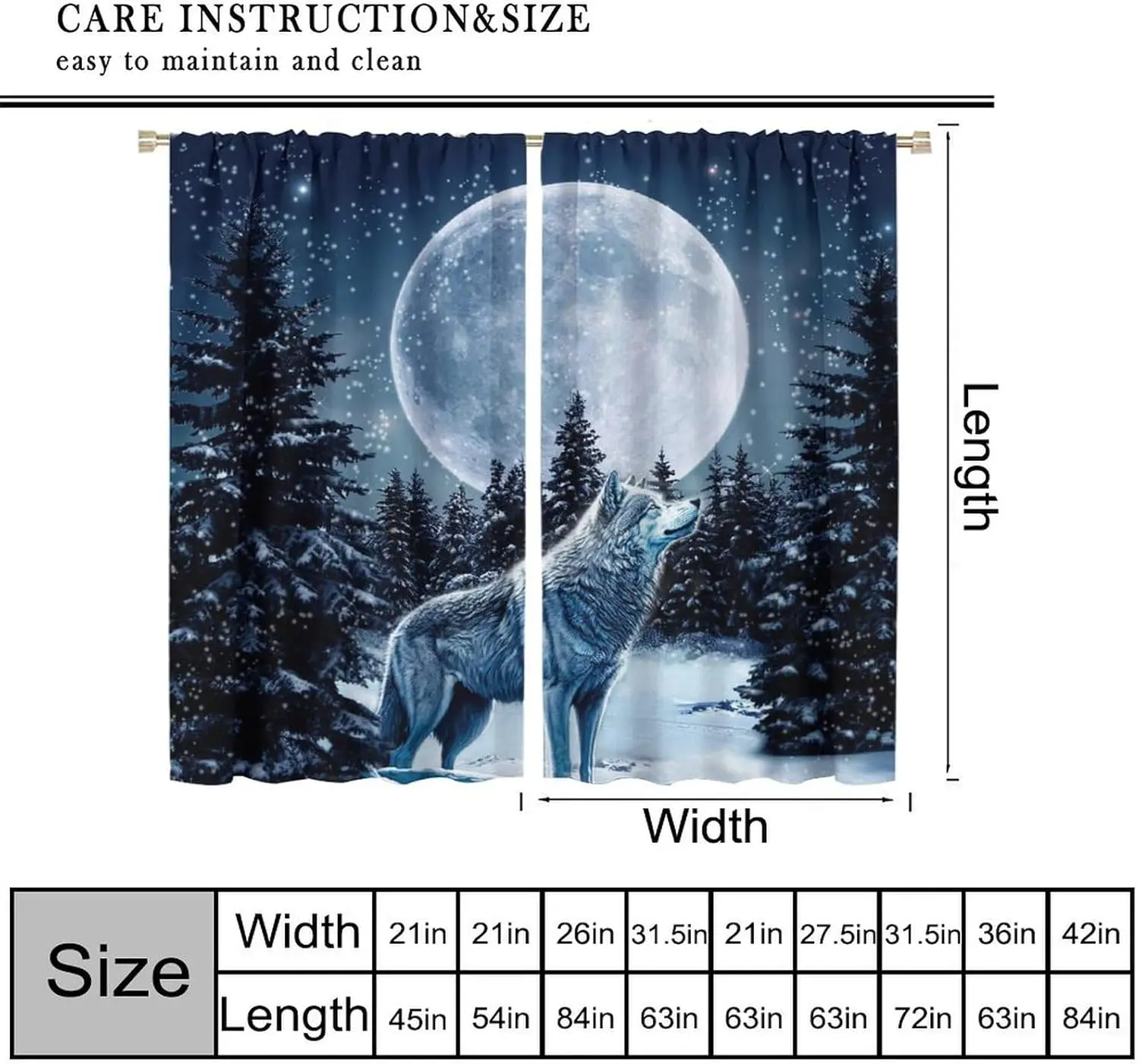 Fantastic Wolf Curtains, Dreamy Rural Winter Snowy Pine Tree Forest Glitter Galaxy Moon Wildlife Pattern Window Treatments,