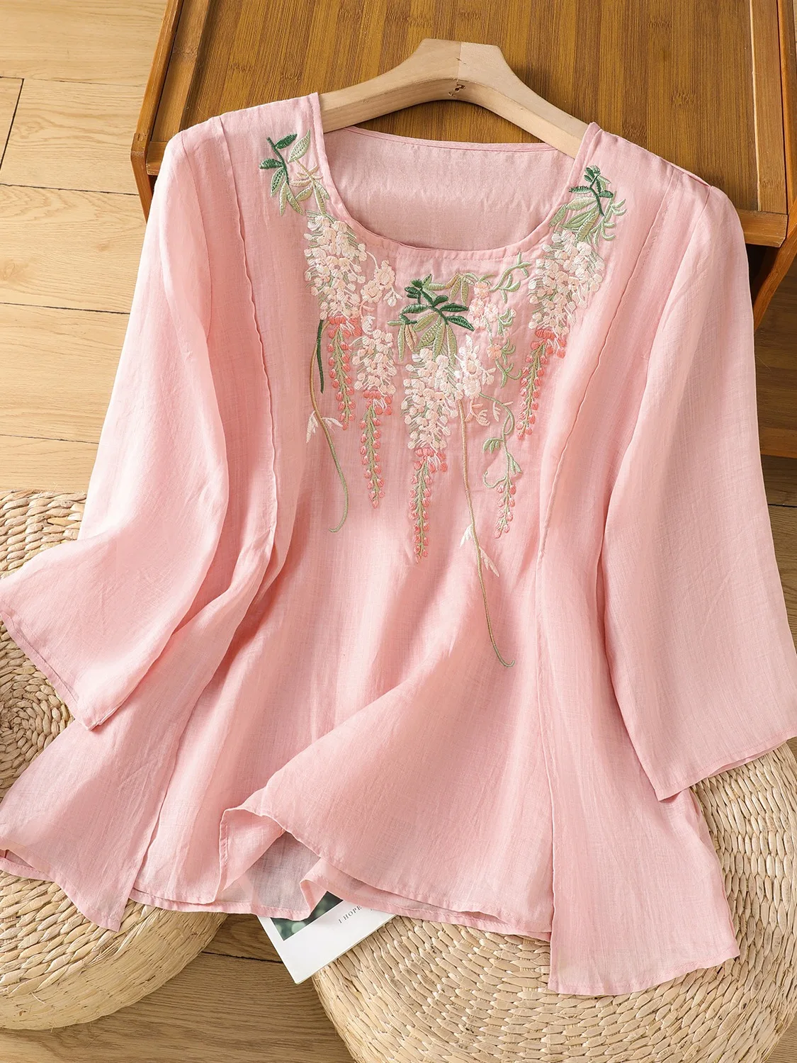 

Heavy Embroidery Linen irt Women Summer Casual Oversize Hooded Cotton Top Belly Covering Upperwear Vintage Commute Sle