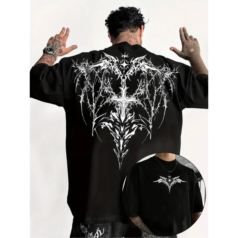 Men'S Gothic Dark Pattern T-Shirt, Featuring Black and White Bat Wings and A Barbed Wire Print on The Back with Intricate Wing