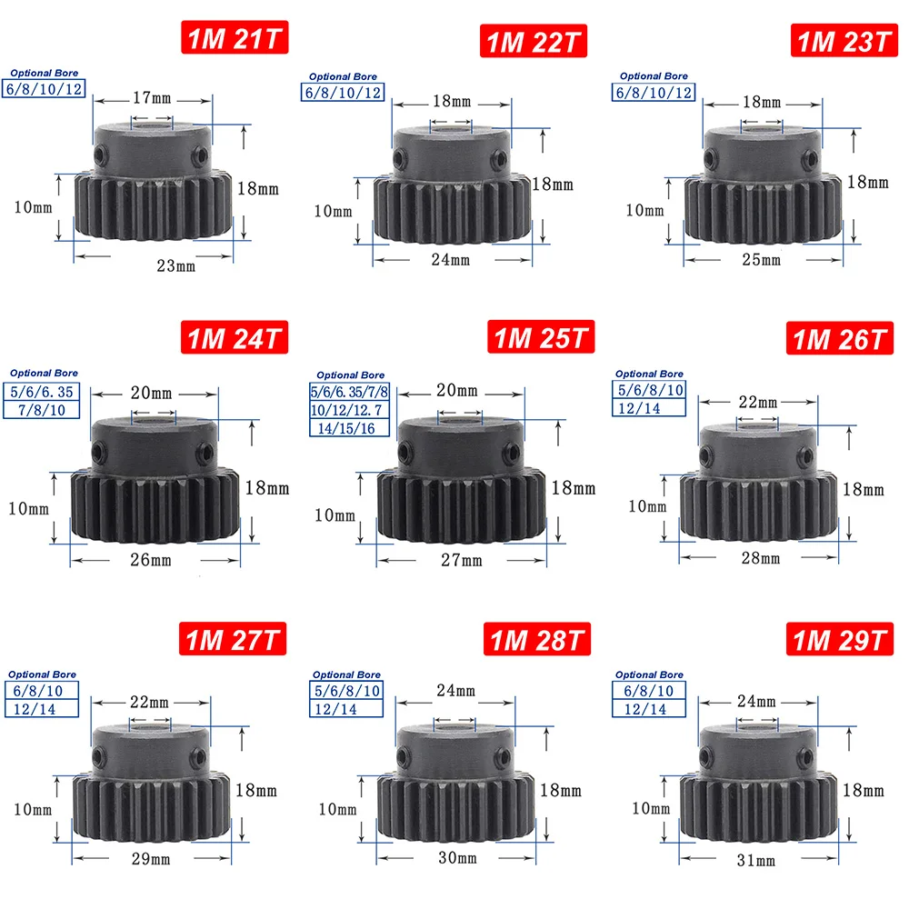 1M Small Gear 1 Mod Spur Gear 1 Motor Mini Gear 21/22/23/24/25/2627/28/29T Teeth Pinion 45# Steel Transmission Accessories Part