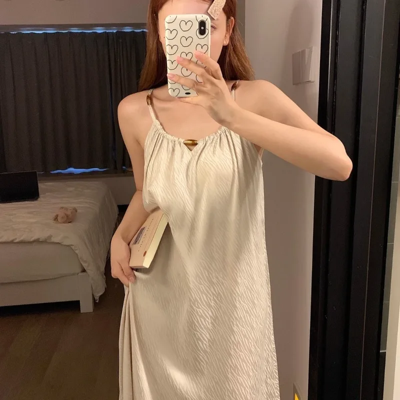 High-End Chinese-Style Ice Silk Camisole Nightdress for Women with Built-In Bra Pad, Summer Sleepwear Dress, Summer Loungewear