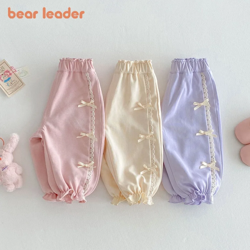 Bear Leader Mädchen-Laternenhose für Frühling 2022, neue Kleidung für Kinder im Alter von 0–5 Jahren, Spitzenhose, Baby-Schleife, Spitzenkante, Freizeithose