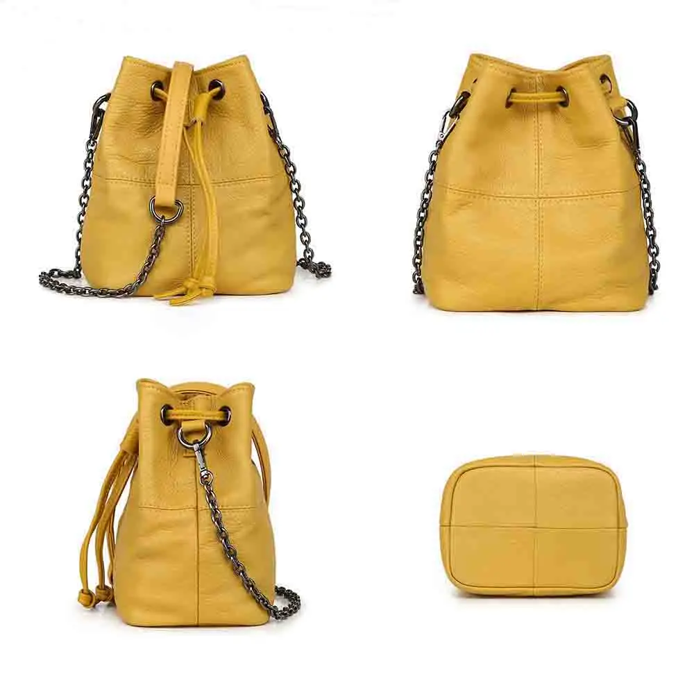 MS Cowhide Bag Luxury Handbags Women Chains Shoulder Bucket Bag Soft Natural Leather Bag Female Mini Bucket Yellow New In 2023