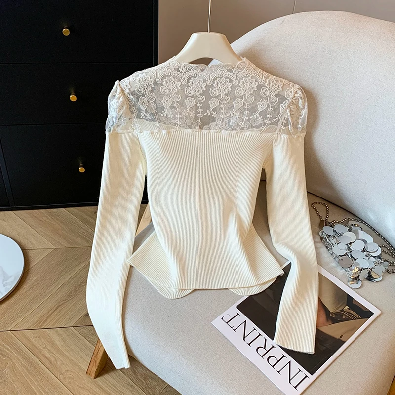 韓国レースパッチワークニットセーター女性エレガントな薄手のセクシーなスリムカーディガン V ネック長袖春秋プレッピースタイルトップ