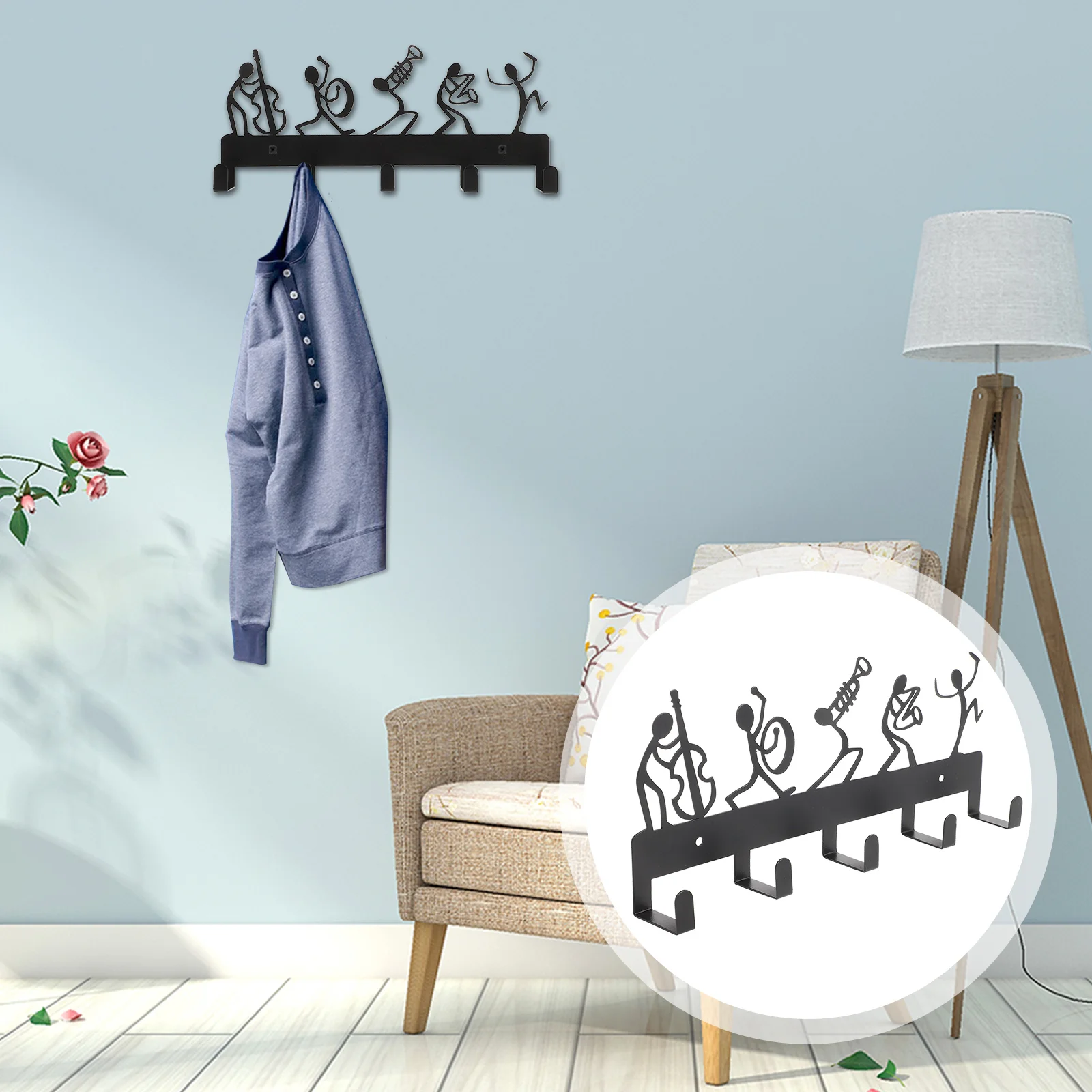 

Coat Rack Musical Instrument Hook Wall Mount Key Holder Cottage Iron with 5 Hooks