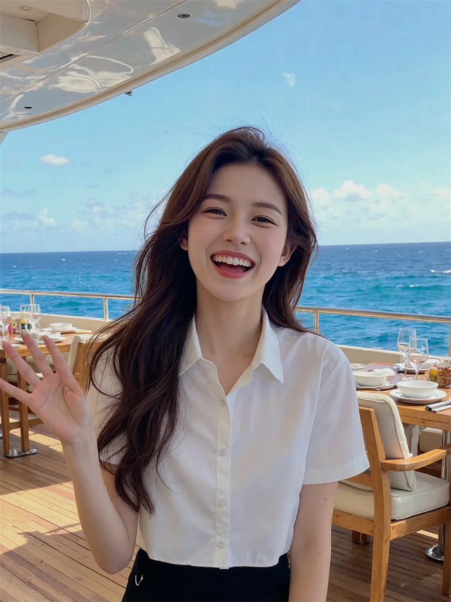 

Белые рубашки с коротким рукавом, женские минималистичные модные шикарные укороченные топы в полоску в консервативном стиле, летние лоскутные формальные блузки, корейская рубашка