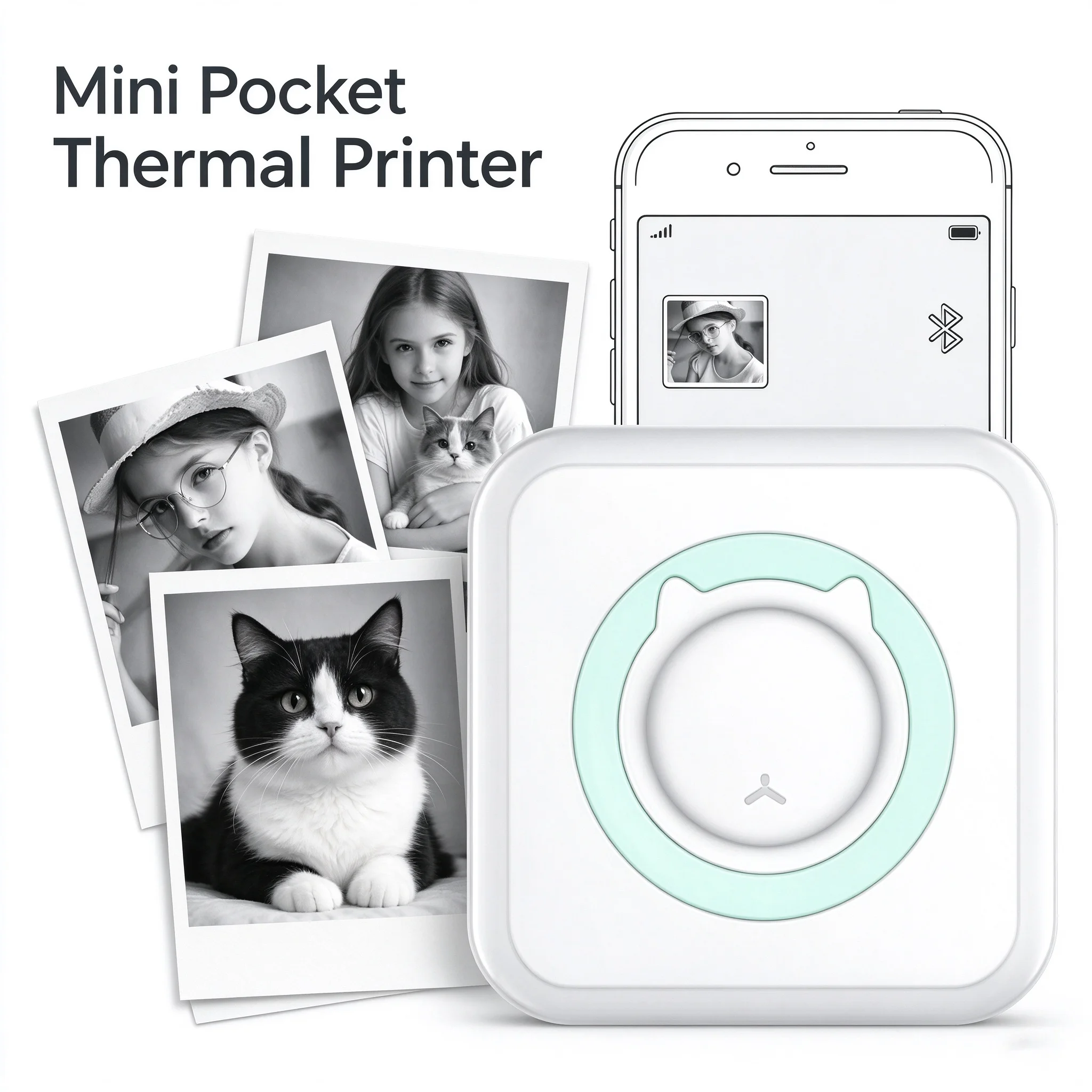 Mini Printer Inkless Sticker Thermal printer Free Cut Small Pocket Printer Portable Thermal Printer for Photo Journal Notes Memo