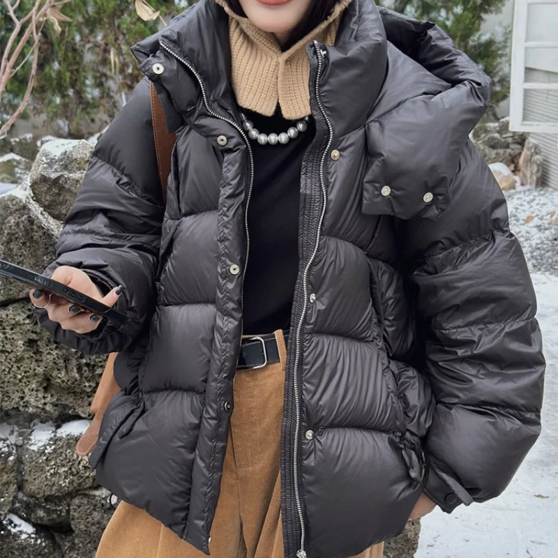 Hooded Duck Down Jacket for Women, Medium Length, Warm Jacket, Winter Coat, Korean Version of the Bread, New, 2024