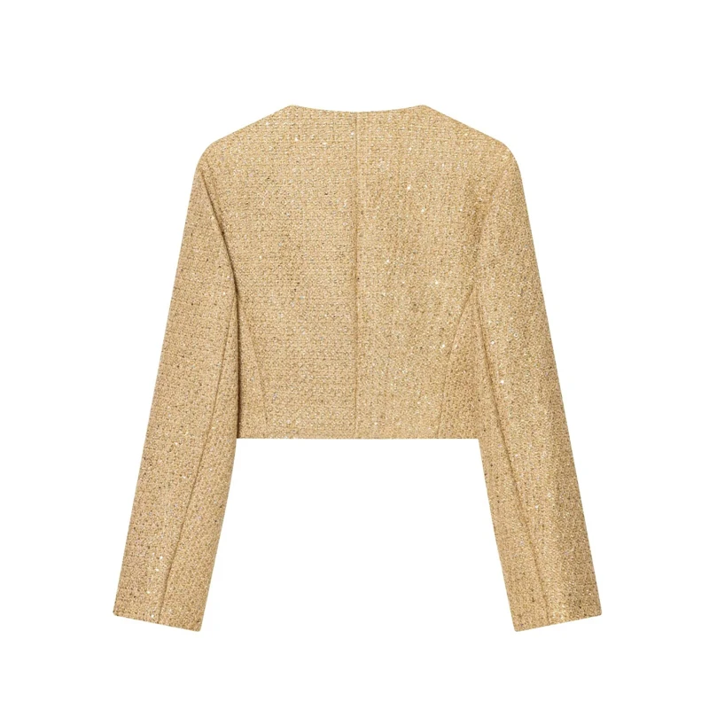 Elegant Short Coat for Party & Evening Wear Women's Gold Tweed Cropped Jacket, Sparkly Single-Button Blazer