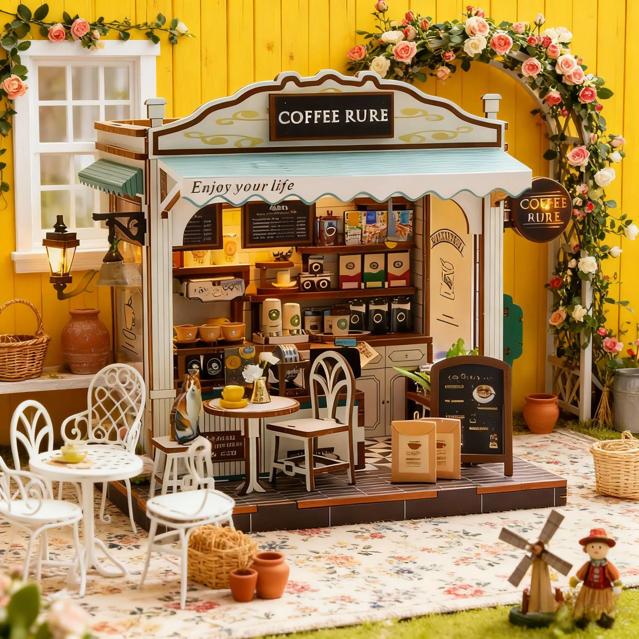 مجموعة دمى مقهى مصغرة جديدة تمامًا - أثاث صغير مصنوع من خشب الخشب، ديكور مشهد مقهى واقعي ومكعبات بناء
