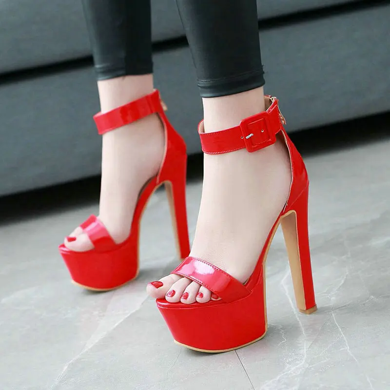 

Patent PU Leather Sexy Open Toe Women Summer Shoes for Wedding Party Extreme High Heels Stiletto Platform Sandals Big Size 47 48