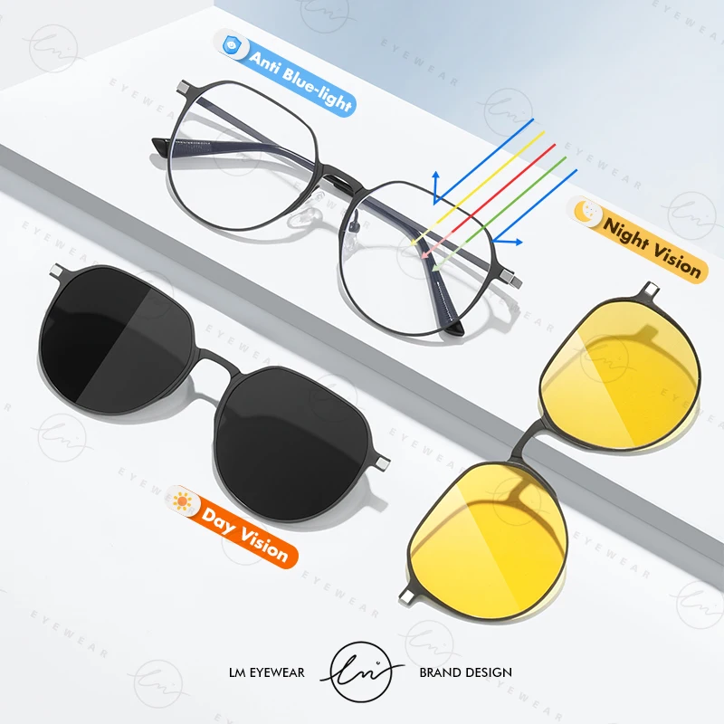 LM Classic Metal 3 In 1 Magnet Clip On Glasses Round Frame Polarized Sunglasses For Men Women 2023 New Optical Computer Glasses