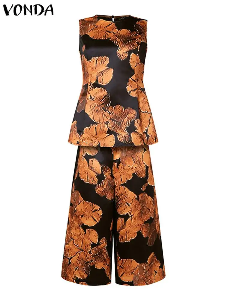 VONDA 2024 Letnie zestawy spodni Oversized Women 2pcs Vintage Printed Sleeveless Tops and Elastic Waist Wide Leg Pants Casual Sets