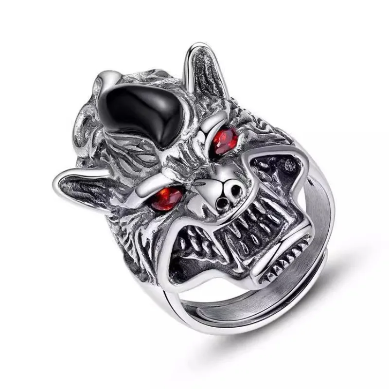 silver 925 stereoscopic carved handsomewolf head mens rings domineering trend rough retro black agate ring banquet jewelry gift view 6