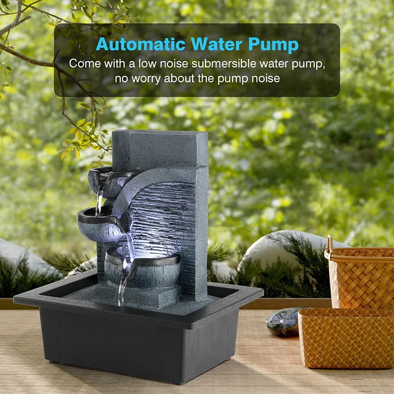 Indoor Tabletop Fountain Waterfalls Landscape Mini Cottage Tabletop Ornament Home Decor Figurines With LED Crystal Ball Accent