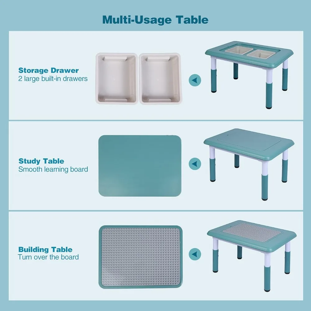 Kids Table and 2 Chairs Set, Height Adjustable, 3 in 1 Multi Activity Building Block Table with 2 Chairs, Storage Bins,
