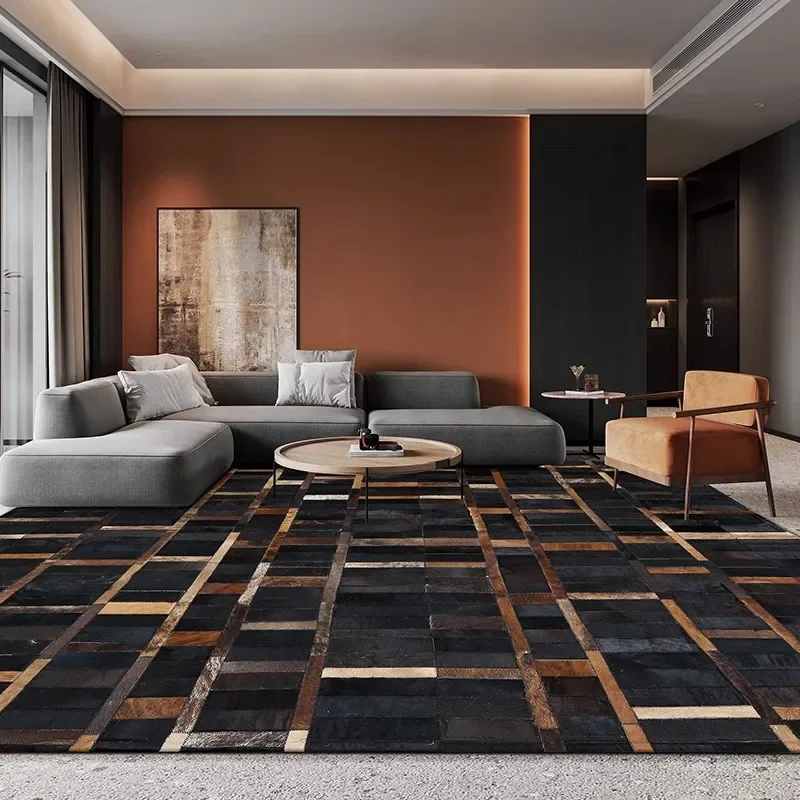 

Black Gold Plaid Natural Cowhide Carpet Home Decoration Handmade Genuine Cow Hide Patchwork Rug Bedroom Study Room Customize Mat